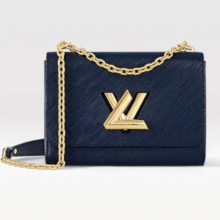 Louis Vuitton handbags with a patent - leather finish for a shiny lookLouis Vuitton LV Women Twist MM Handbag Indigo Blue Epi Grained Cowhide Leather