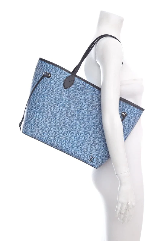 Louis Vuitton bags with a chain - link trim and a leather body for a modern edgeLouis Vuitton Blue Denim EPI  Neverfull Tote