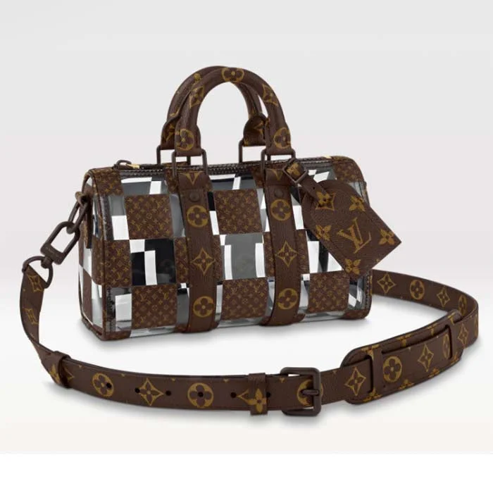 Louis Vuitton tote bags with a spacious interior and multiple pocketsLouis Vuitton LV Unisex Keepall Bandoulière 25 Monogram Chess Coated Canvas PVC