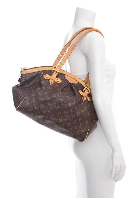 Louis Vuitton tote bags with a printed LV logo on the front for brand visibilityLouis Vuitton Tivoli GM Brown Mongram Canvas Leather Bag