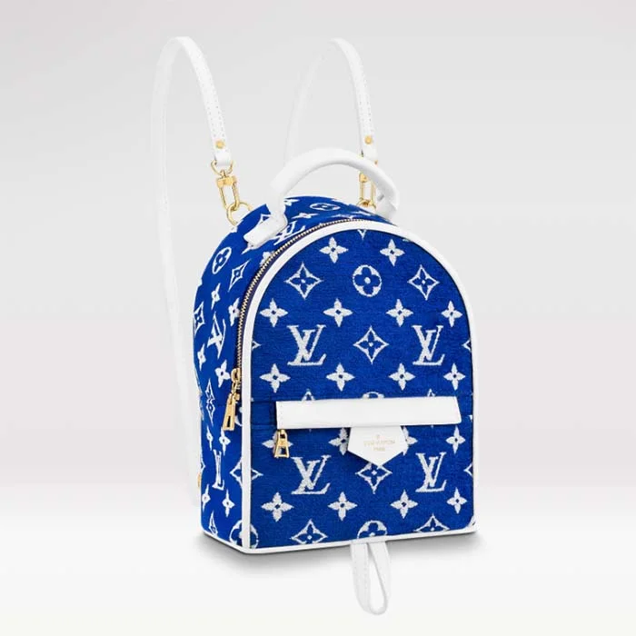 Ladies Louis Vuitton Petite Malle bags in a pastel color for a soft lookLouis Vuitton LV Unisex Palm Springs Mini Backpack Blue Monogram Velvet Jacquard