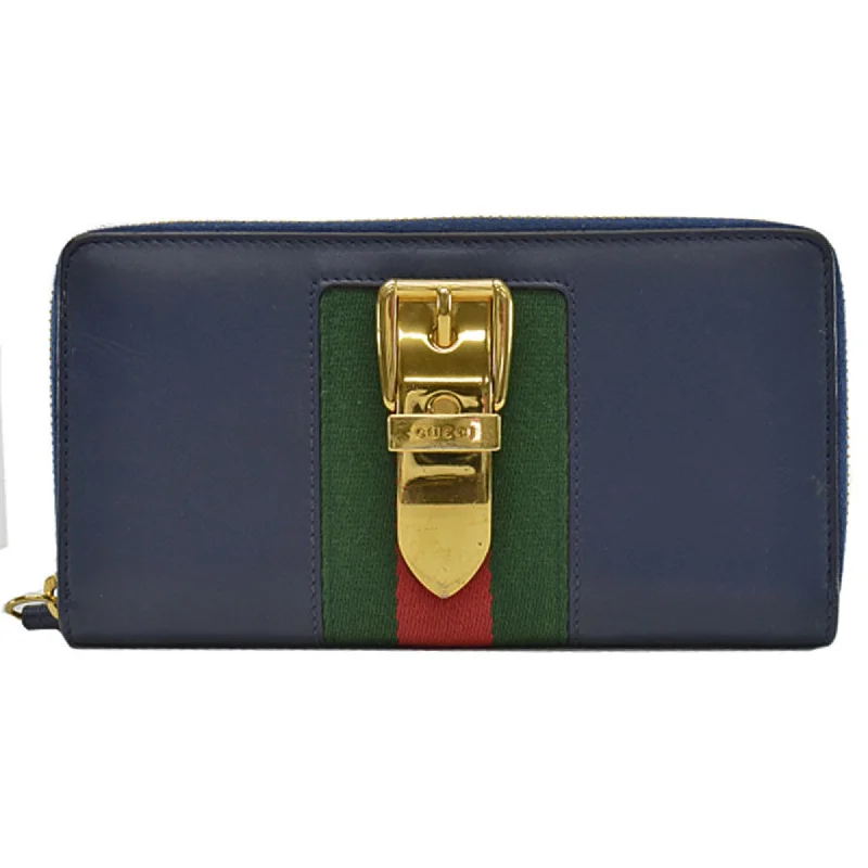 Women Gucci bags with a detachable mobile phone holderGucci Long Wallet Silvi Navy x Gold Green Red Leather Metal Material Canvas Round Zipper Women's 476083